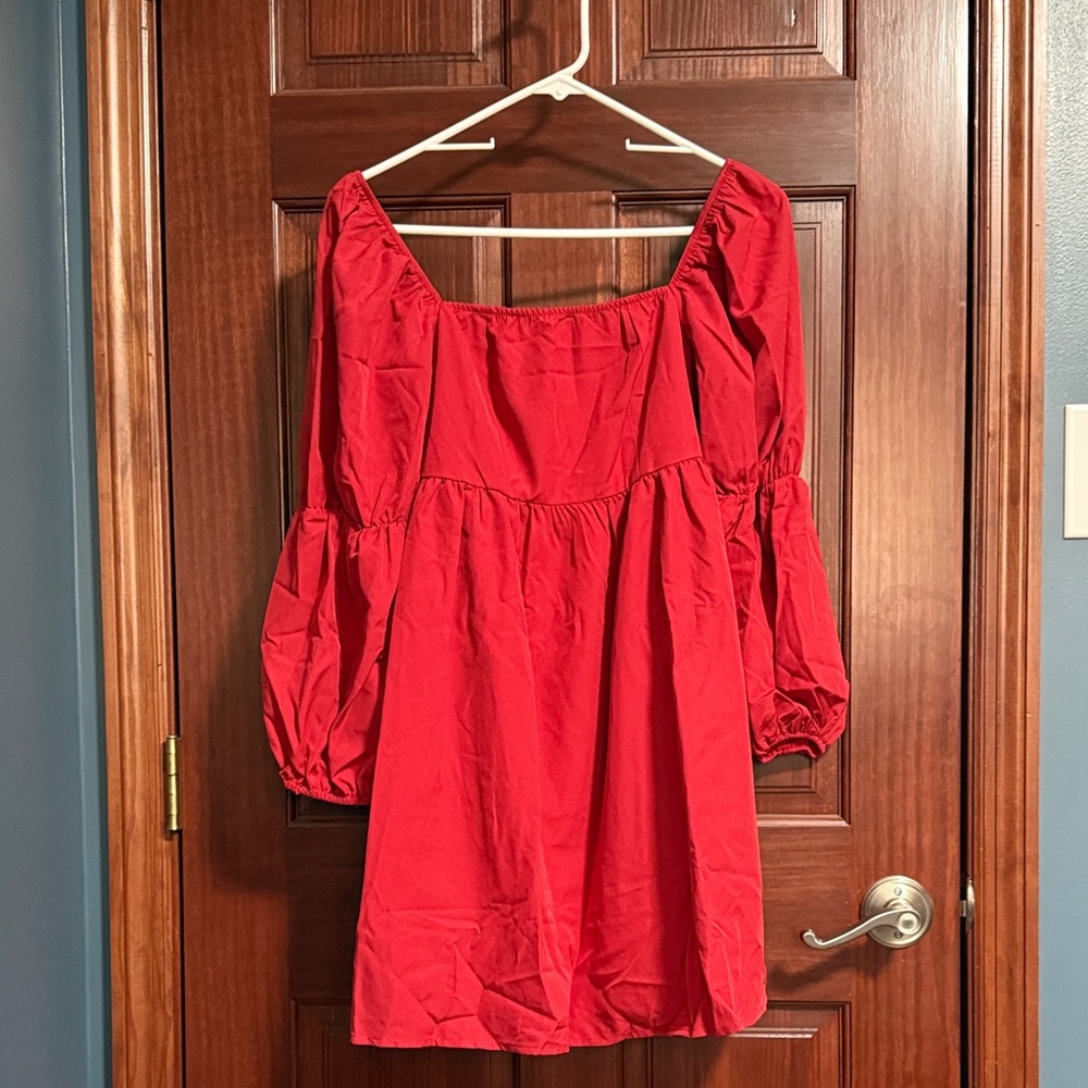 Red Square Neck Peasant Style Dress